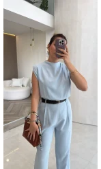 Kemerli Sıfır Kol Tulum - Mavi - Kod: 580907