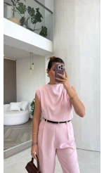 Kemerli Sıfır Kol Tulum - Pembe - Kod: 580907