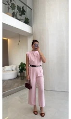 Kemerli Sıfır Kol Tulum - Pembe - Kod: 580907