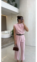 Kemerli Sıfır Kol Tulum - Pembe - Kod: 580907
