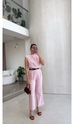 Kemerli Sıfır Kol Tulum - Pembe - Kod: 580907