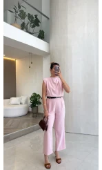Kemerli Sıfır Kol Tulum - Pembe - Kod: 580907