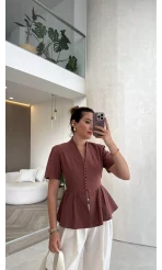 Kolu Vatkalı Bele Oturan Gömlek - Kiremit - Kod: 5506