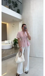 Kolu Vatkalı Bele Oturan Gömlek - Pembe - Kod: 5506