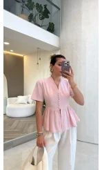 Kolu Vatkalı Bele Oturan Gömlek - Pembe - Kod: 5506