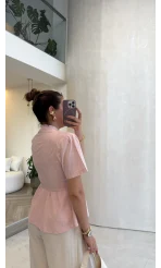 Kolu Vatkalı Bele Oturan Gömlek - Pembe - Kod: 5506