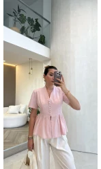 Kolu Vatkalı Bele Oturan Gömlek - Pembe - Kod: 5506
