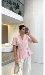 Kolu Vatkalı Bele Oturan Gömlek - Pembe - Kod: 5506