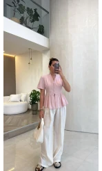 Kolu Vatkalı Bele Oturan Gömlek - Pembe - Kod: 5506