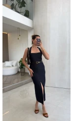 Boyun Askılı Denim Kemerli Elbise - Lacivert - Kod: 3092