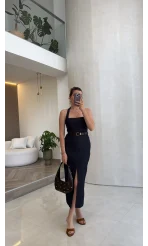 Boyun Askılı Denim Kemerli Elbise - Lacivert - Kod: 3092