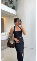 Boyun Askılı Denim Kemerli Elbise - Lacivert - Kod: 3092