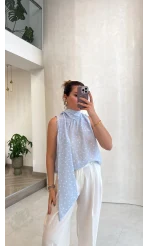 Bağlamalı Puantiye Desenli Bluz - Mavi - Kod: 5502