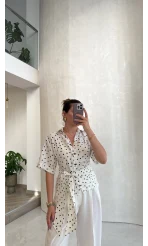Puantiye Desenli Kemerli Gömlek - Ekru - Kod: 5501