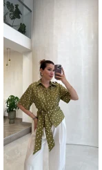 Puantiye Desenli Kemerli Gömlek - Haki - Kod: 5501