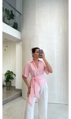 Puantiye Desenli Kemerli Gömlek - Pembe - Kod: 5501