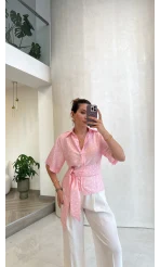 Puantiye Desenli Kemerli Gömlek - Pembe - Kod: 5501