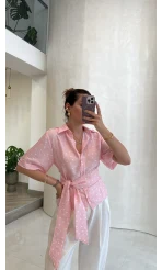 Puantiye Desenli Kemerli Gömlek - Pembe - Kod: 5501