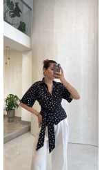 Puantiye Desenli Kemerli Gömlek - Siyah - Kod: 5501