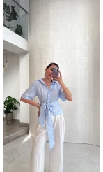 Puantiye Desenli Kemerli Gömlek - Mavi - Kod: 5501