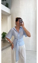 Puantiye Desenli Kemerli Gömlek - Mavi - Kod: 5501