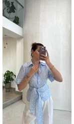 Puantiye Desenli Kemerli Gömlek - Mavi - Kod: 5501