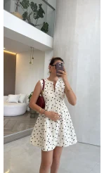 Denim Puantiye Desenli Mini Elbise - Ekru - Kod: 580951