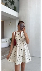 Denim Puantiye Desenli Mini Elbise - Ekru - Kod: 580951