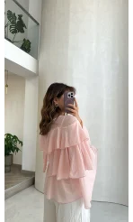 Volanlı Transparan Pamuk Bluz - Pembe - Kod: 5508