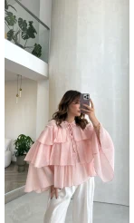 Volanlı Transparan Pamuk Bluz - Pembe - Kod: 5508