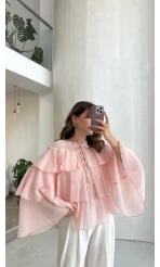 Volanlı Transparan Pamuk Bluz - Pembe - Kod: 5508