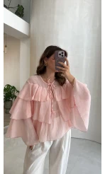 Volanlı Transparan Pamuk Bluz - Pembe - Kod: 5508