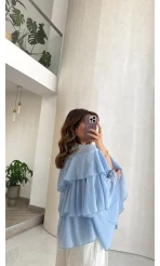 Volanlı Transparan Pamuk Bluz - Mavi - Kod: 5508