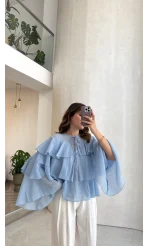 Volanlı Transparan Pamuk Bluz - Mavi - Kod: 5508
