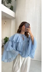 Volanlı Transparan Pamuk Bluz - Mavi - Kod: 5508
