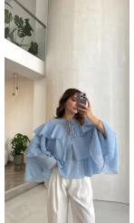 Volanlı Transparan Pamuk Bluz - Mavi - Kod: 5508