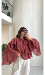 Volanlı Transparan Pamuk Bluz - Gül Kurusu - Kod: 5508