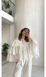 Volanlı Transparan Pamuk Bluz - Beyaz - Kod: 5508