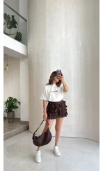 Fırfırlı Modal Mini Etek - Kahverengi - Kod: 580718