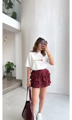 Fırfırlı Modal Mini Etek - Bordo - Kod: 580718