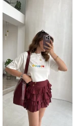 Fırfırlı Modal Mini Etek - Bordo - Kod: 580718