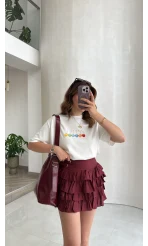 Fırfırlı Modal Mini Etek - Bordo - Kod: 580718
