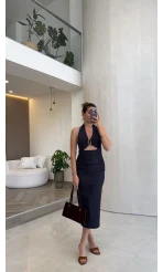 Boyundan Geçmeli Denim Tokalı Elbise - Lacivert - Kod: 8217