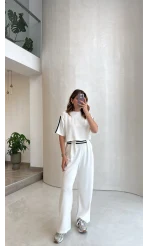 Şerit Detay Crop Takım - Ekru - Kod: 4136