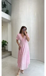 V Yaka Püskül Detay Elbise - Pembe - Kod: 3100