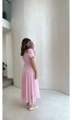 V Yaka Püskül Detay Elbise - Pembe - Kod: 3100