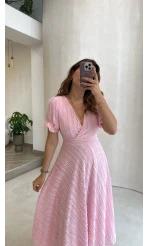 V Yaka Püskül Detay Elbise - Pembe - Kod: 3100
