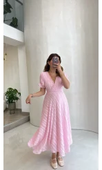 V Yaka Püskül Detay Elbise - Pembe - Kod: 3100