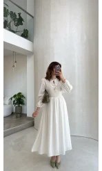 Beli Büzgülü Çizgili Elbise - Ekru - Kod: 3081