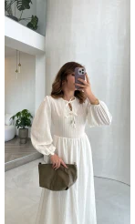 Beli Büzgülü Çizgili Elbise - Ekru - Kod: 3081